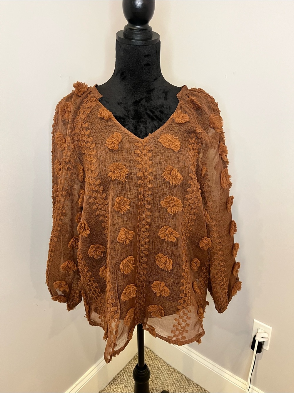 NWT Calypso St. Barth Brown Pom-Pom Textured V-Neck Blouse- large
